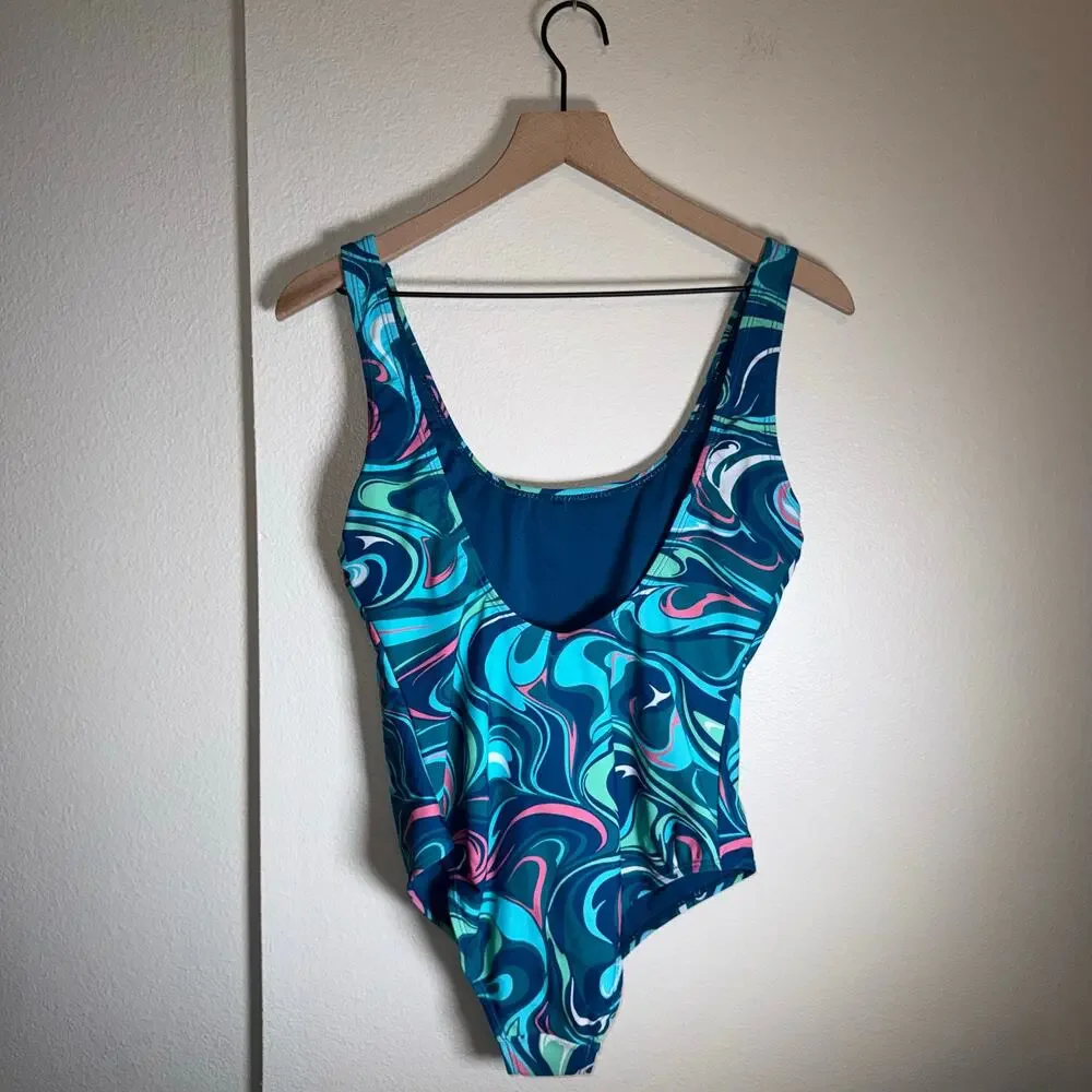 BUC’CEES teal and pink swirl character one piece vacation resort swimsuit S